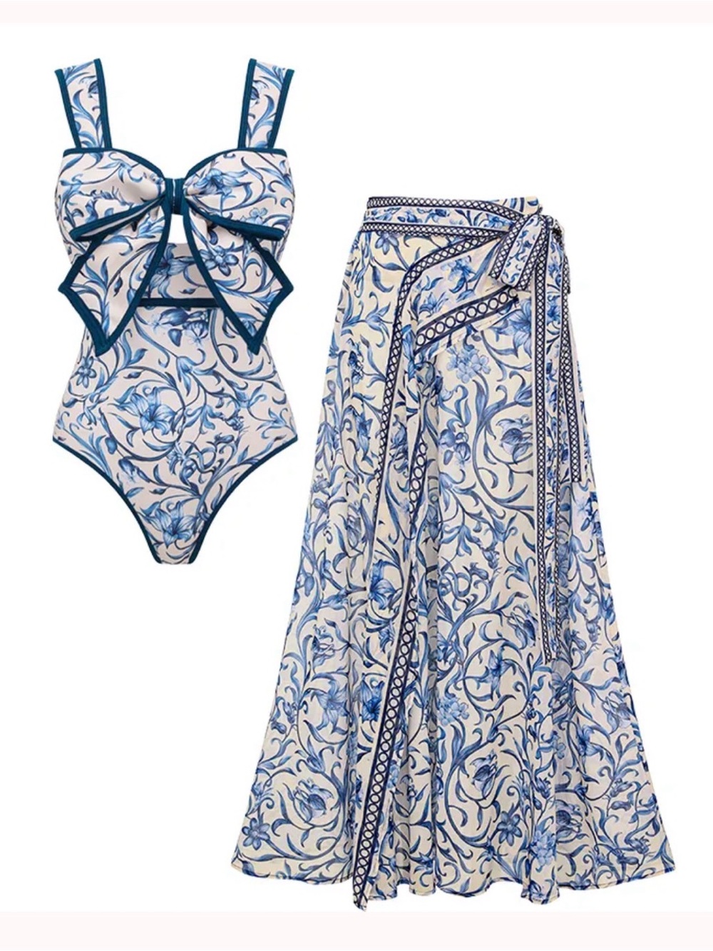 NWT Flaxmaker swim Blue bow Floral One-Piece Swimsuit with Matching skirt, small